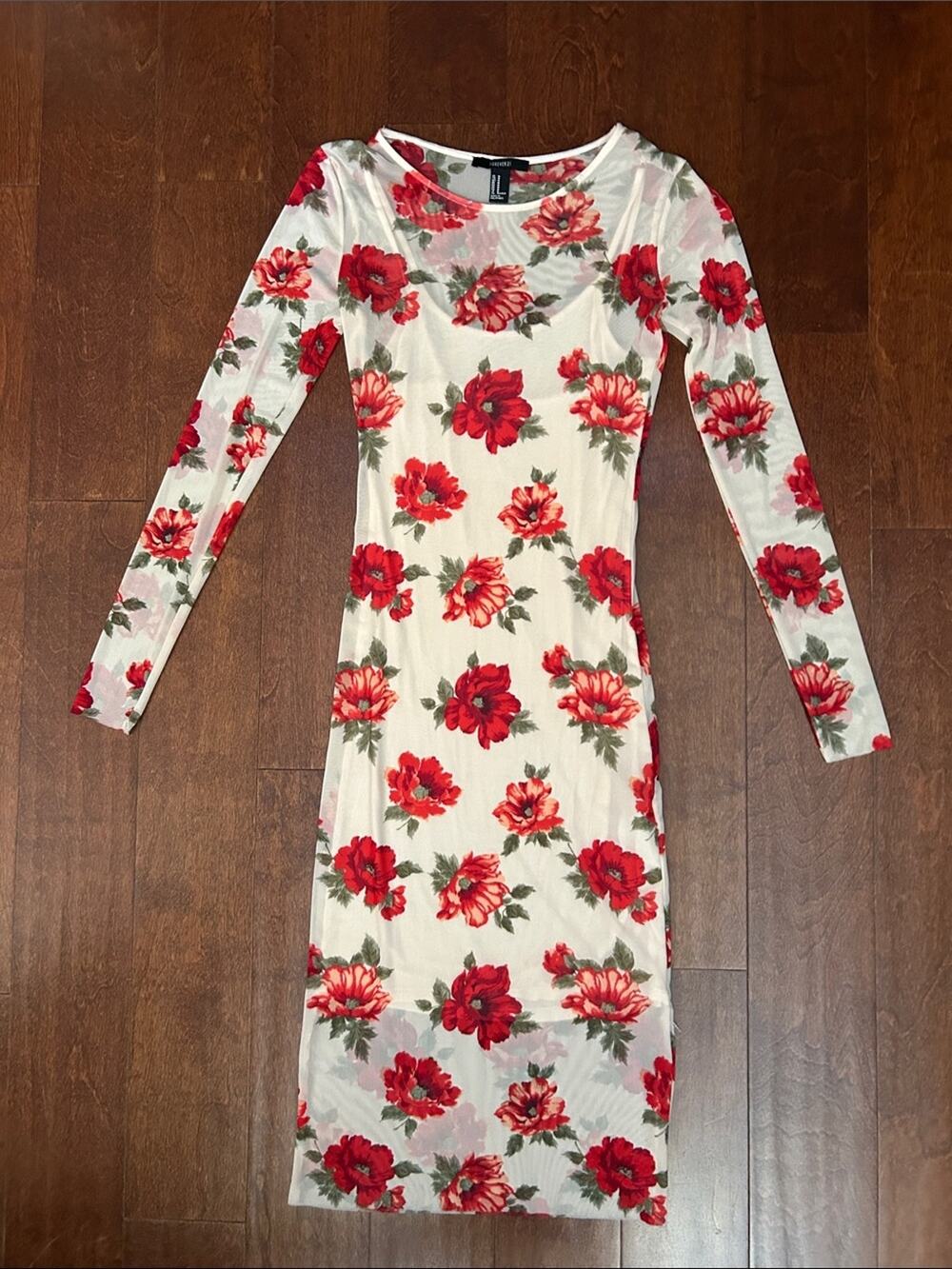 Forever 21 Pink Mesh Long Sleeve Floral Bodycon Dress with Red Flowers, Size Med